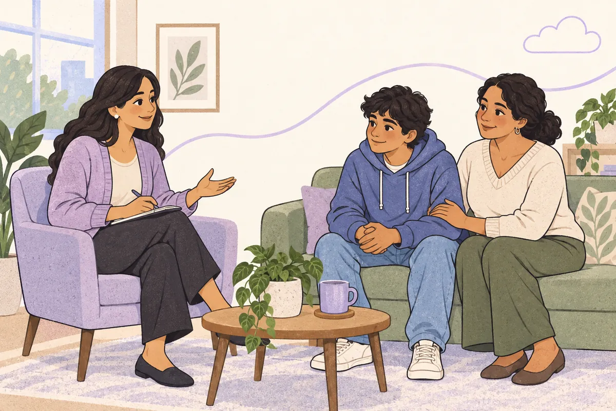 Psicóloga conversando con un adolescente y su madre en la consulta