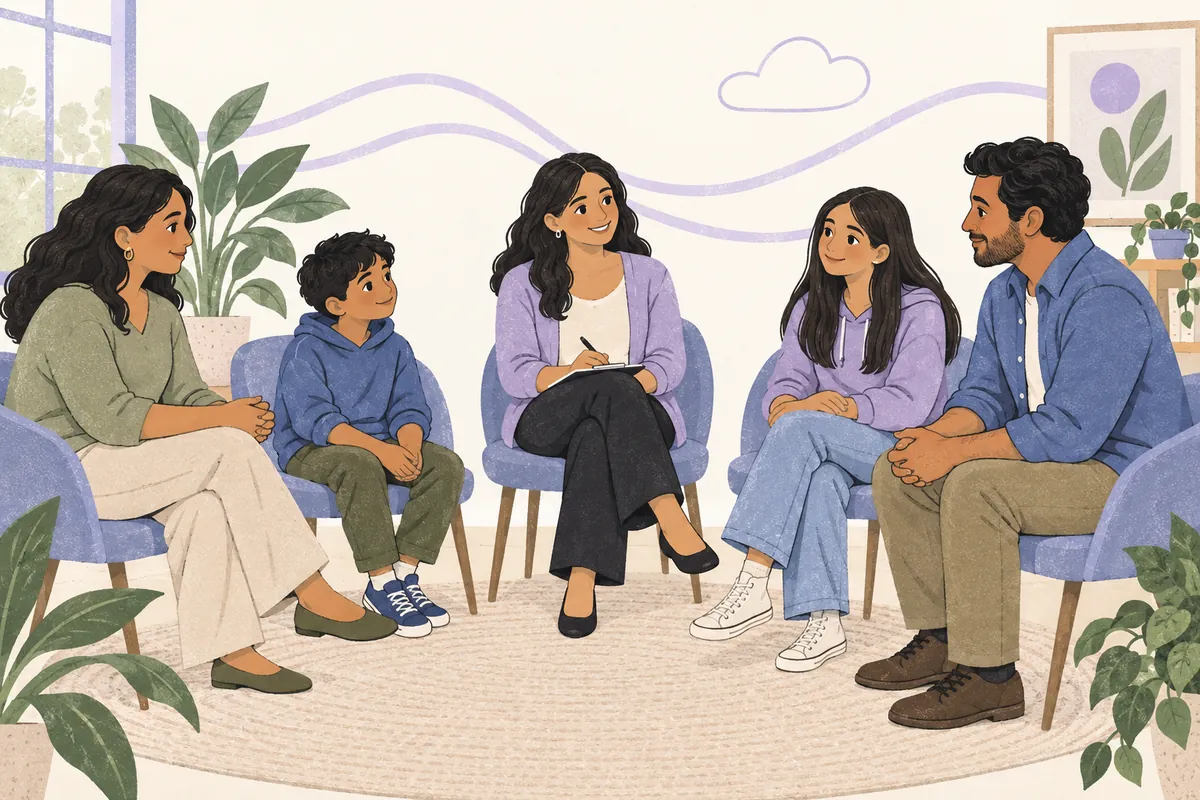 Psicóloga conversando con un padre y una madre junto a sus hijos en la consulta